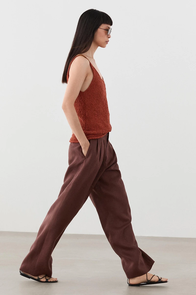 Pantalon jambe large plis lin