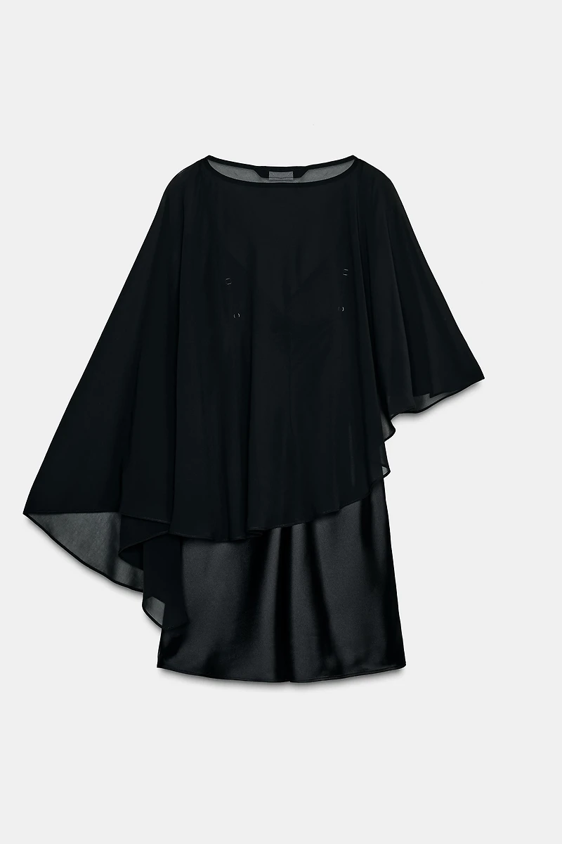 SHORT SATIN EFFECT CAPE DRESS