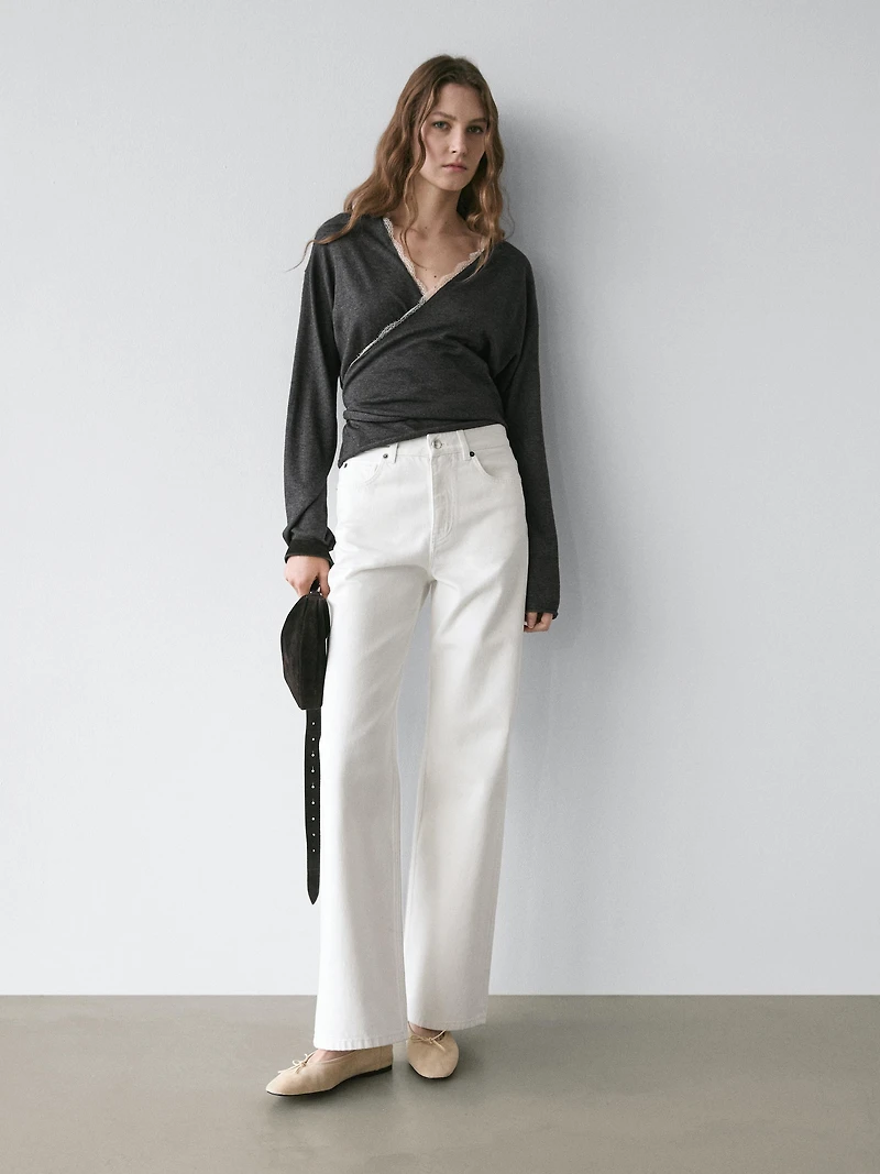 Knit wrap cardigan with lace detail