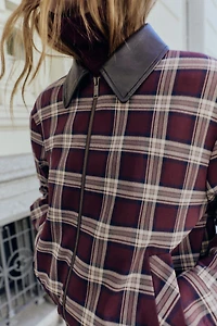 FAUX LEATHER LAPEL CHECK BOMBER JACKET