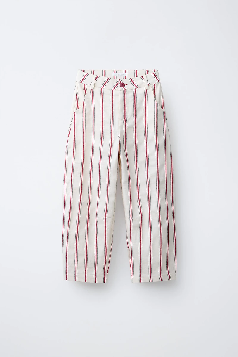 STRIPED COTTON LINEN BARREL PANTS
