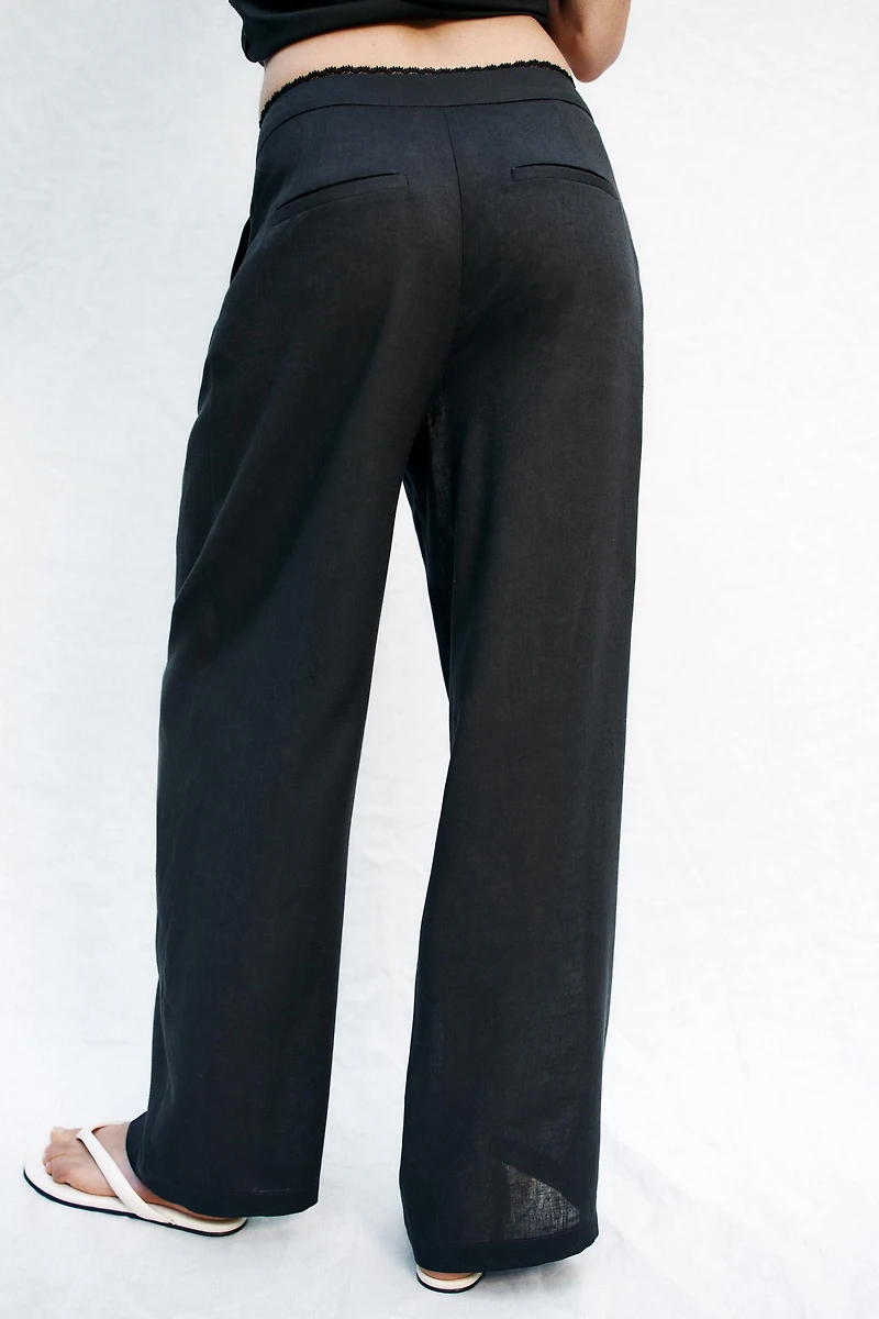 STRAIGHT LEG LINEN PANTS WITH LACE TRIM