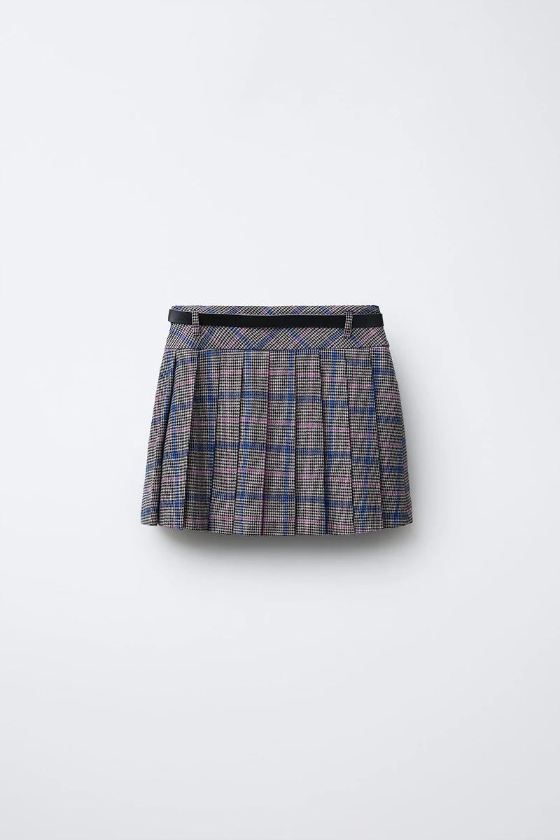 PLAID PLEATED SKIRT WITH STUDDED BELT