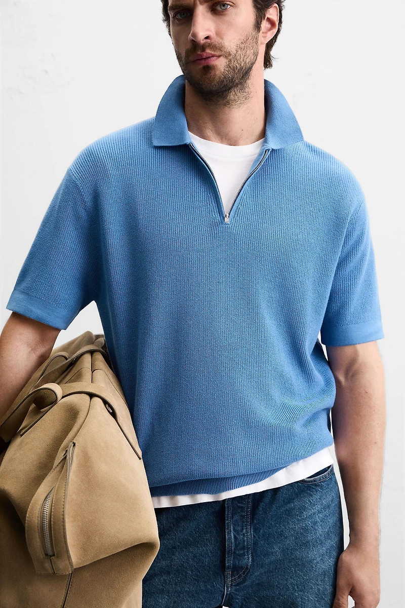 POLO EN MAILLE PERLÉE À ZIP