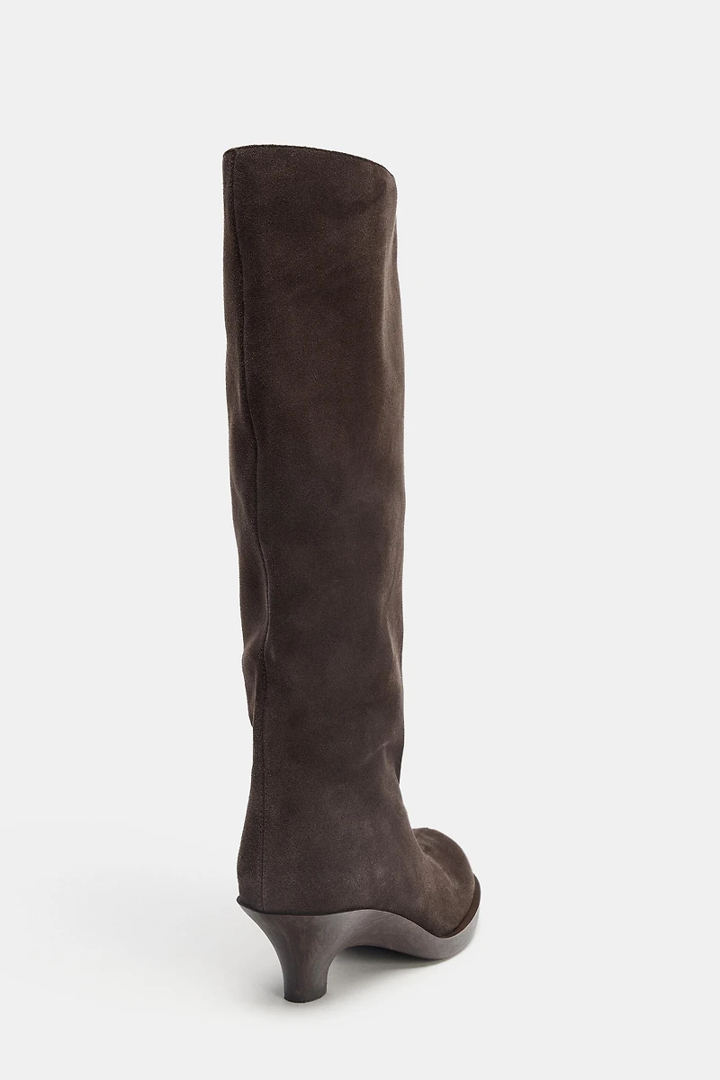 SPLIT LEATHER KITTEN HEEL BOOTS