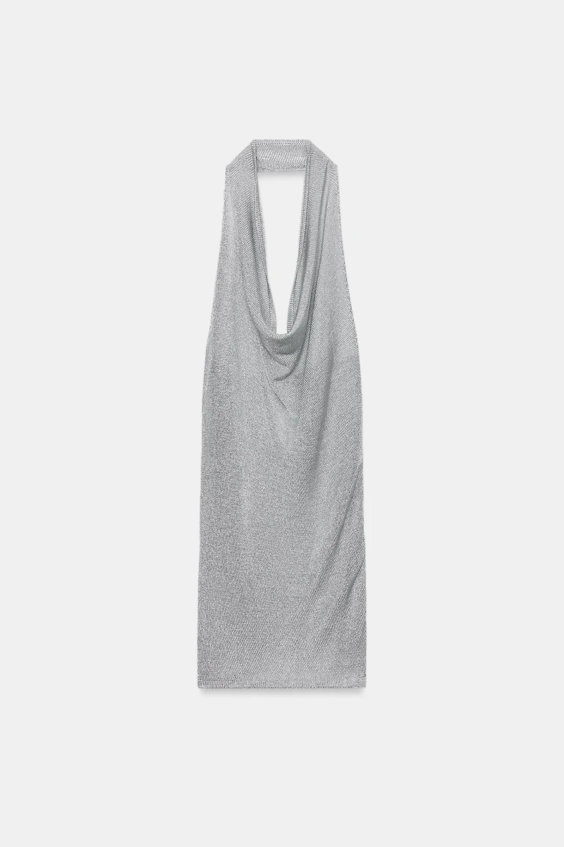 METALLIC THREAD KNIT HALTER DRESS