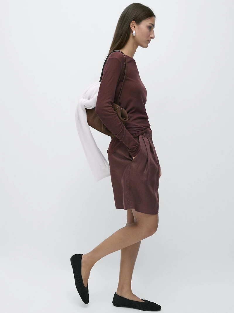 100% linen short pleated Bermuda shorts