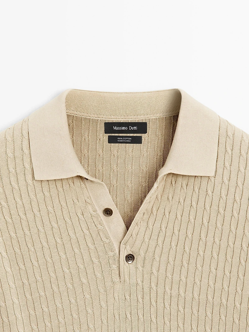 100% cotton cable-knit polo sweater