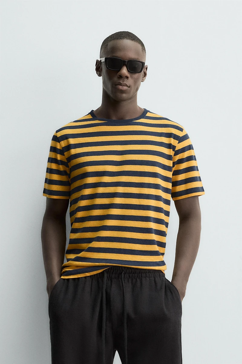 STRIPED LINEN COTTON BLEND T-SHIRT