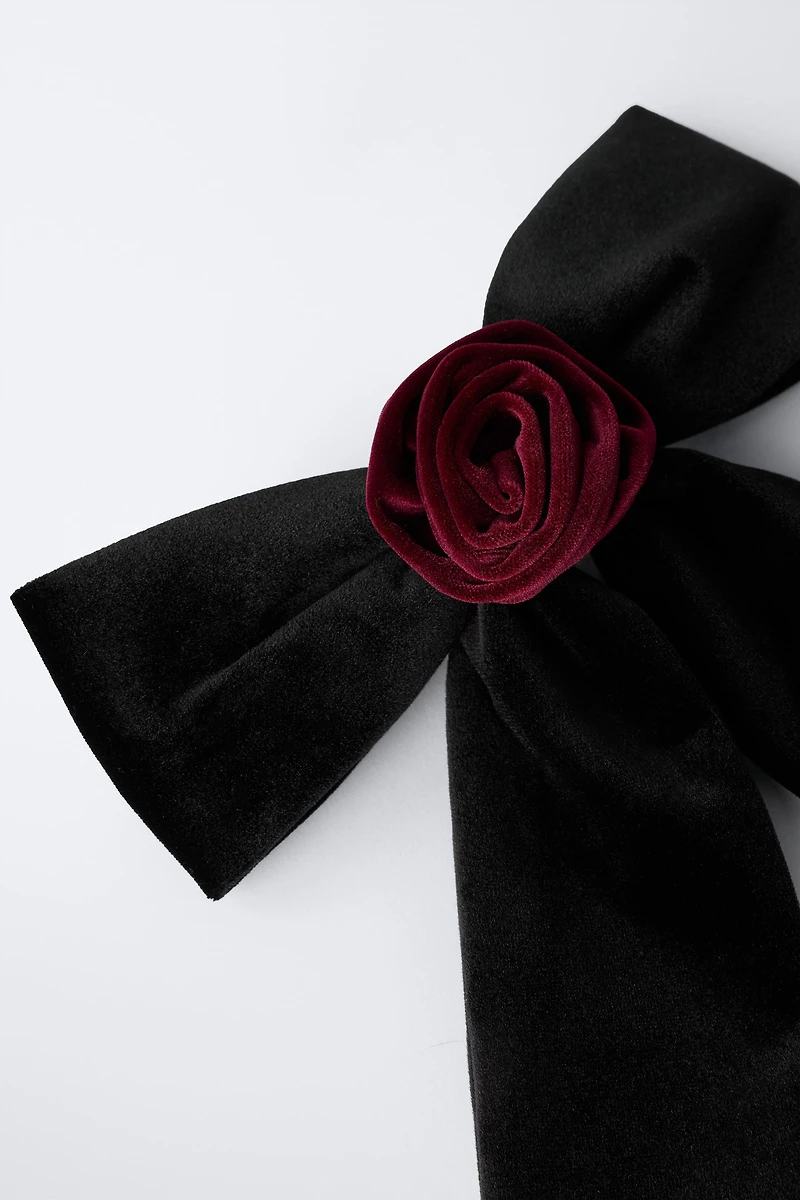 VELVET BOW AND FLOWER BARRETTE
