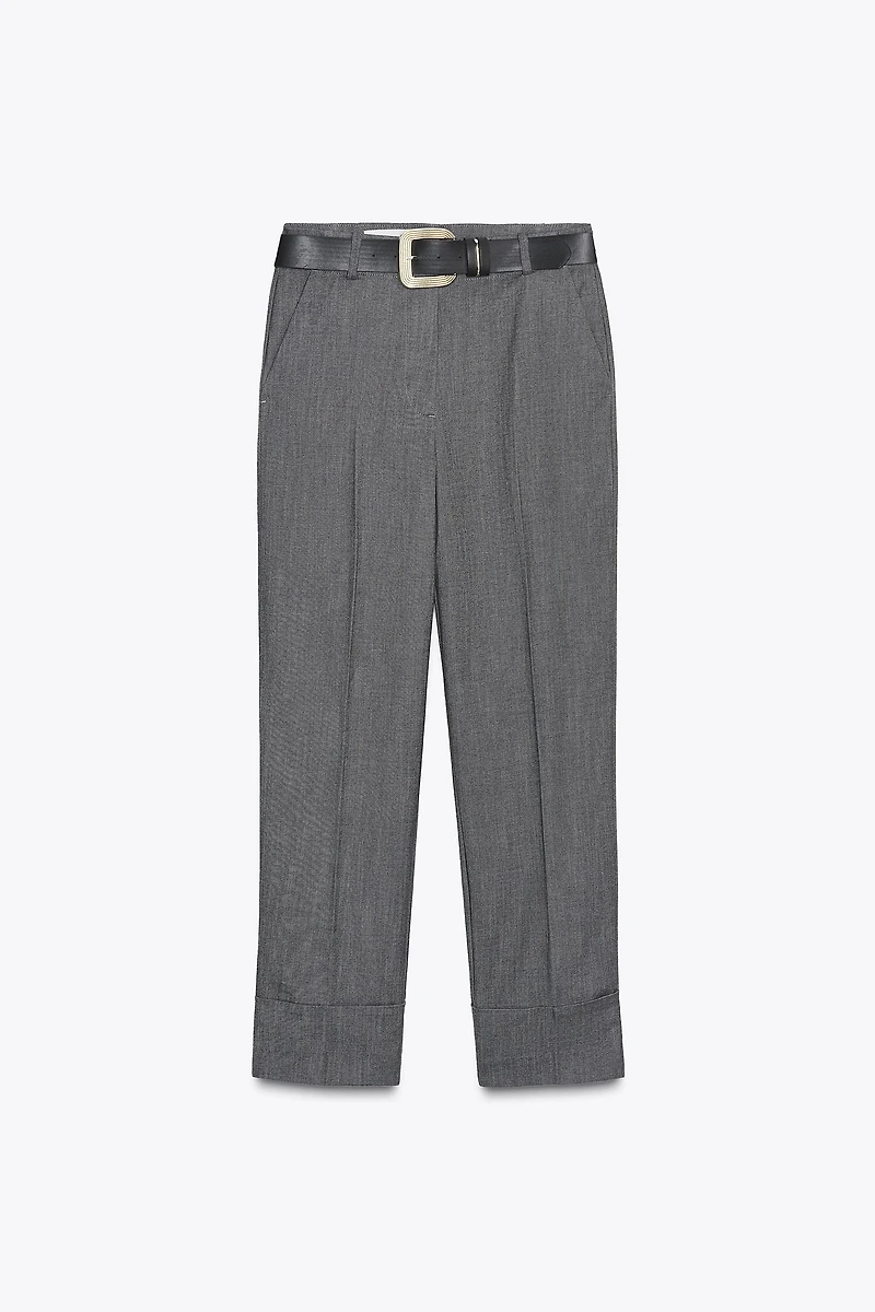 BELTED CUFFED HEM PANTS