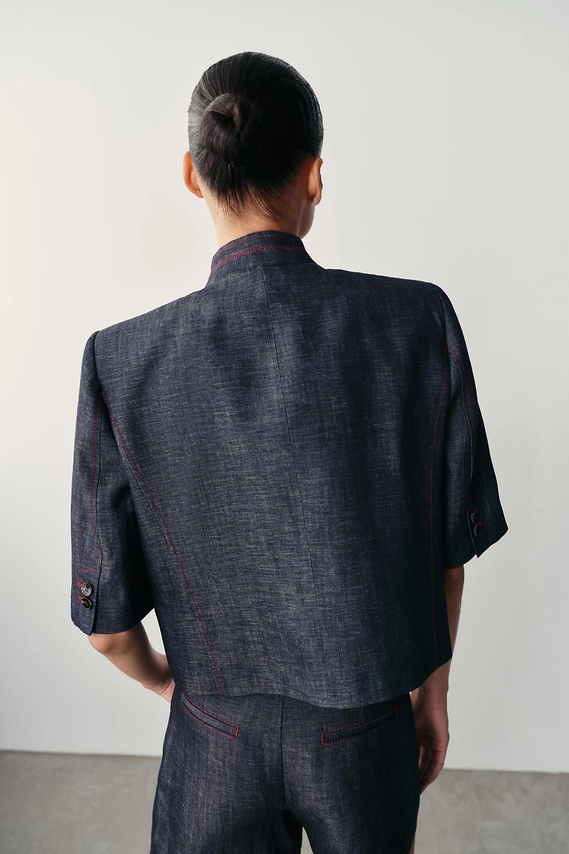 LINEN SHORT SLEEVE BLAZER WITH CONTRAST TOPSTITCHING