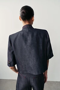 LINEN SHORT SLEEVE BLAZER WITH CONTRAST TOPSTITCHING