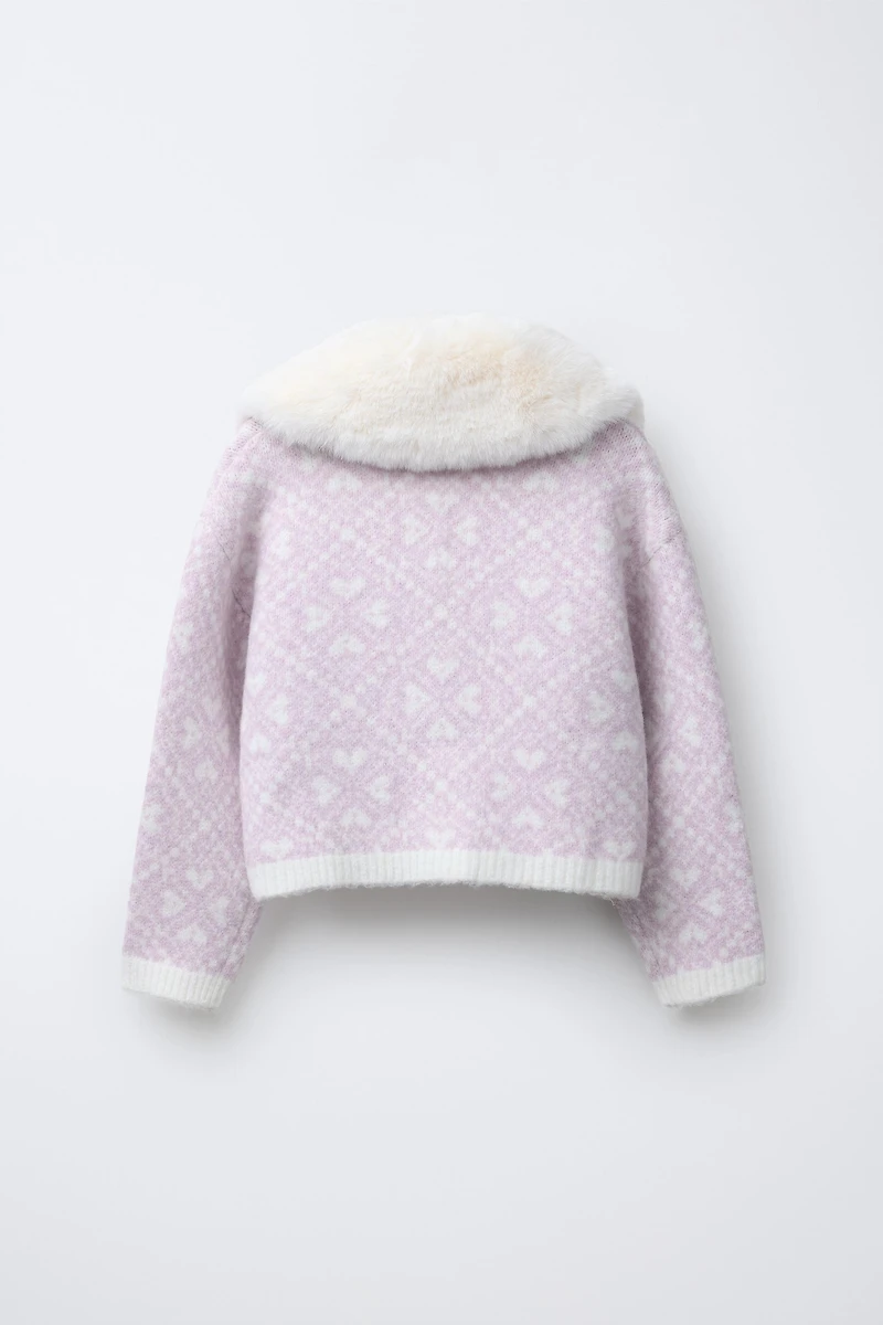 JACQUARD KNIT CARDIGAN WITH DETACHABLE FAUX FUR COLLAR SKI COLLECTION