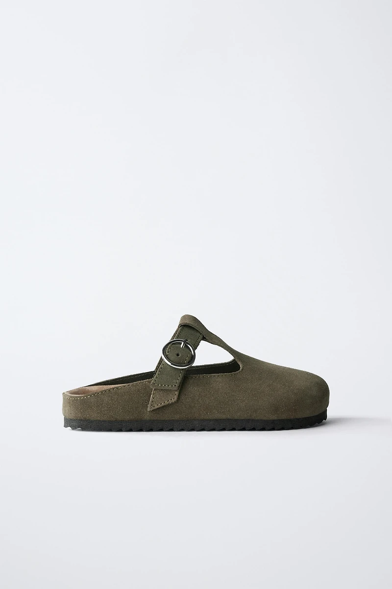 SPLIT LEATHER T-STRAP CLOGS