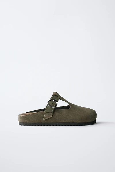 SPLIT LEATHER T-STRAP CLOGS