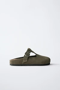 SPLIT LEATHER T-STRAP CLOGS