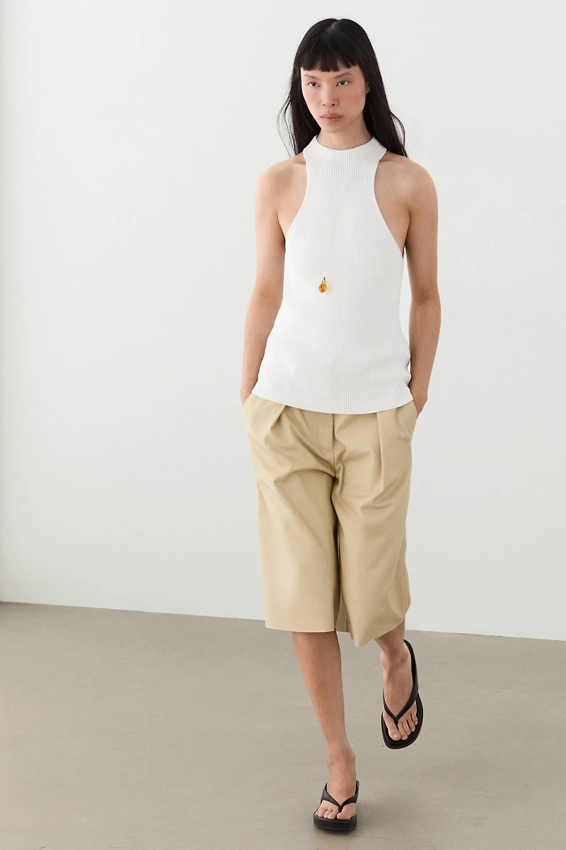 Cotton blend halter top with ribbed detail