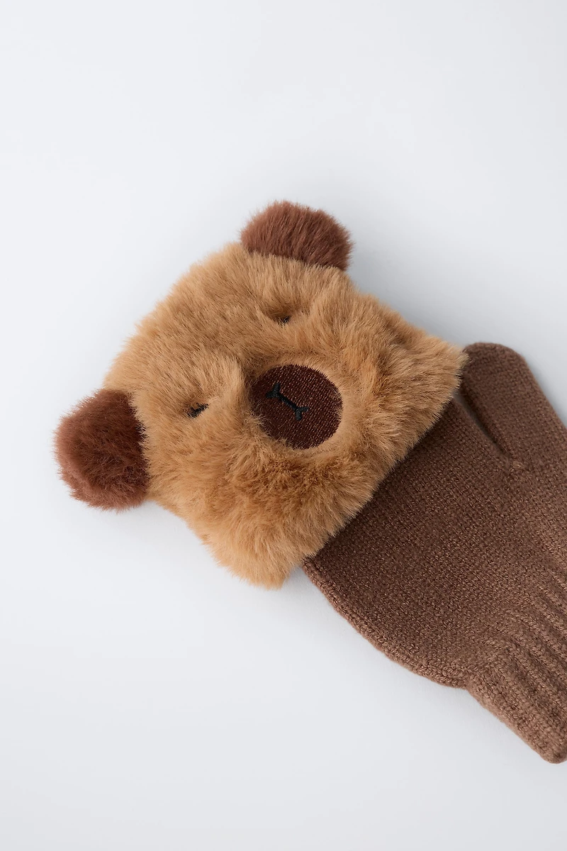CAPYBARA FUR EFFECT MITTEN GLOVES