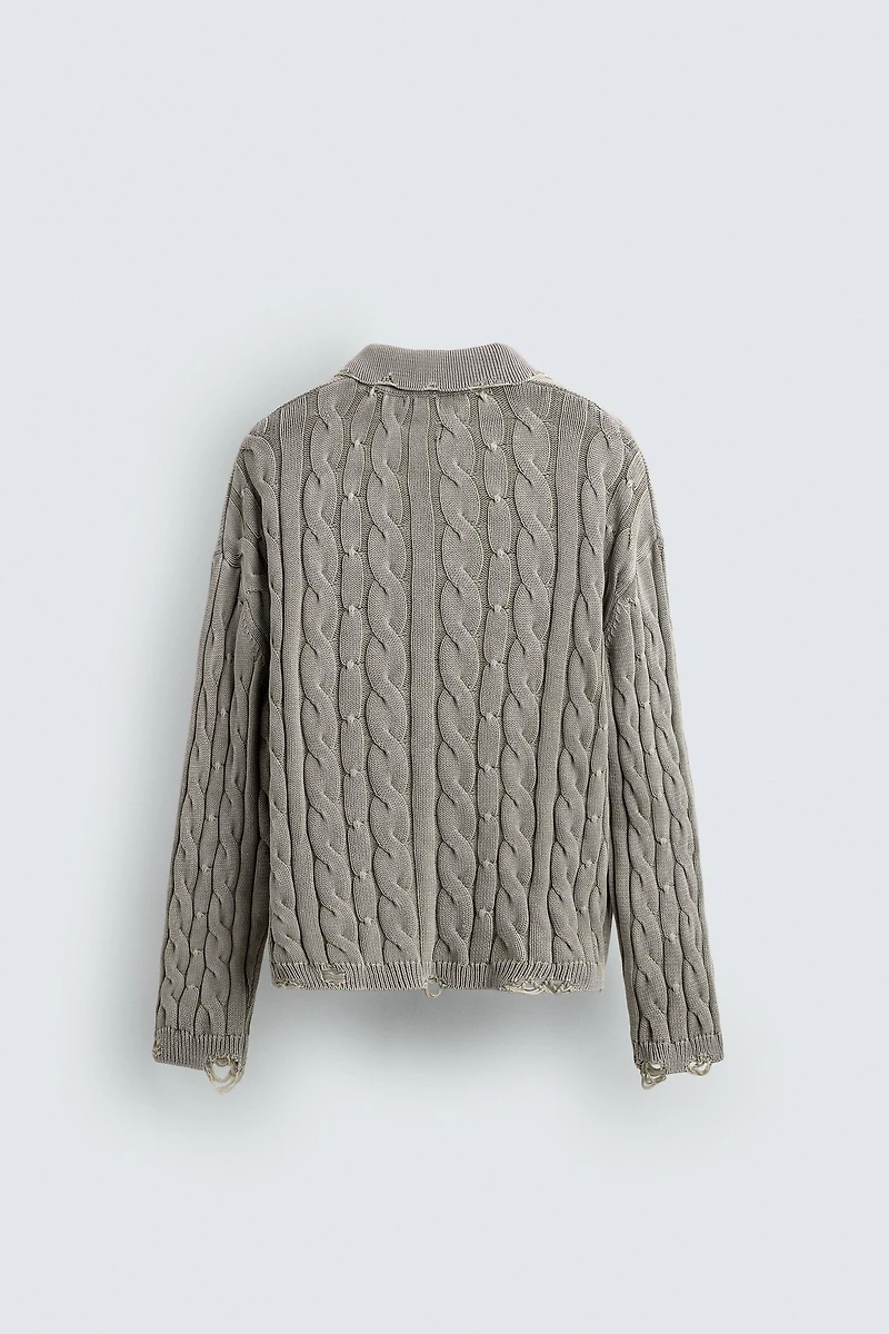 DISTRESSED BRAIDED TEXTURED POLO SHIRT