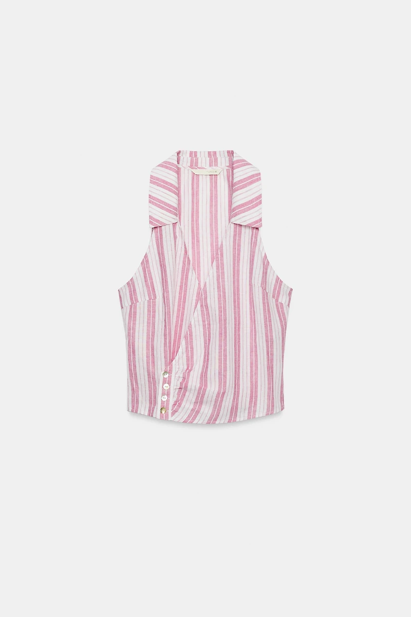 STRIPED BUTTON-FRONT WRAP TOP