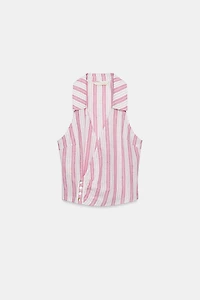 STRIPED BUTTON-FRONT WRAP TOP