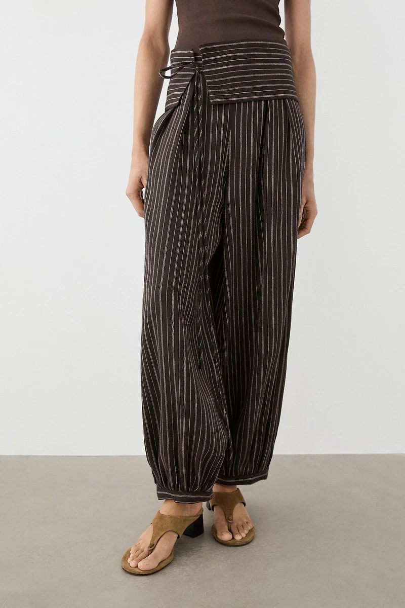 Striped sarouel trousers with cummerbund detail