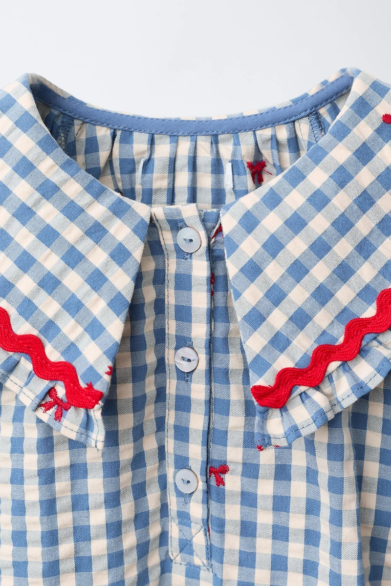 PLAID DRESS WITH EMBROIDERED BOWS