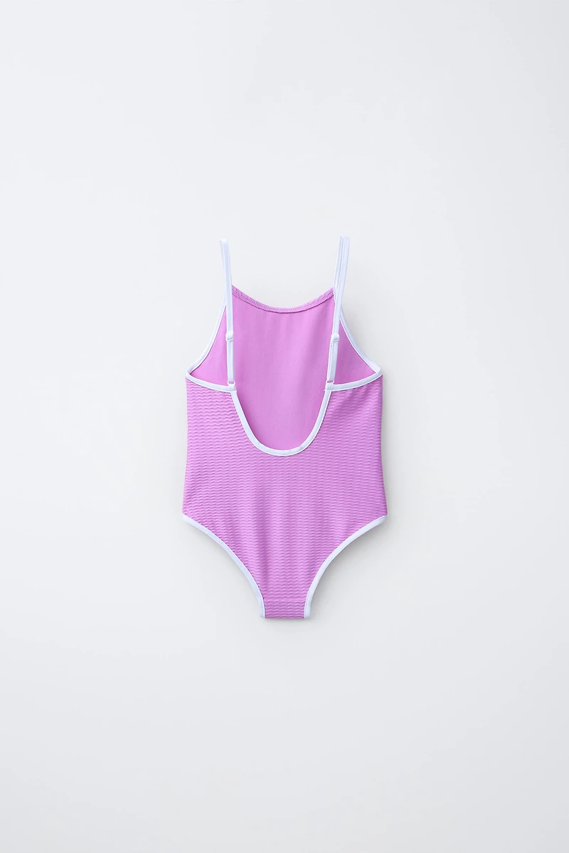 6-14 YEARS/ TEXTURED SWIMSUIT WITH CONTRASTING PIPING