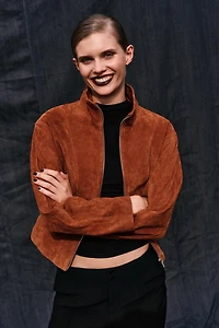 100% LEATHER STAND COLLAR JACKET