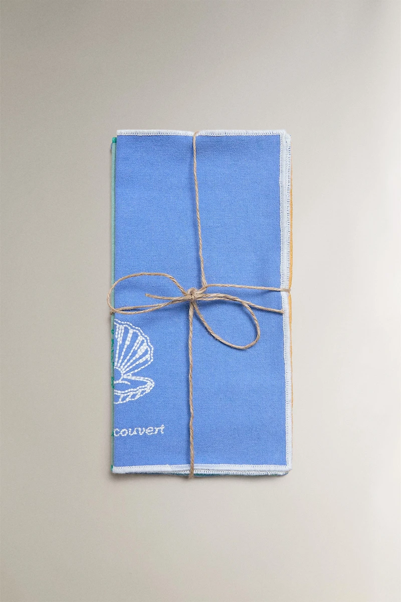 LOT DE 4 SERVIETTES DE TABLE COCKTAIL BRODERIE MARINE