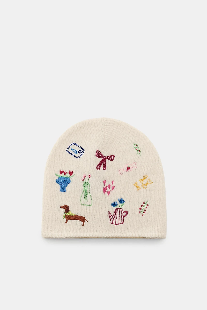 EMBROIDERED KNIT BEANIE HAT