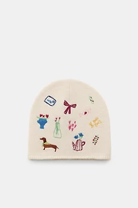 EMBROIDERED KNIT BEANIE HAT