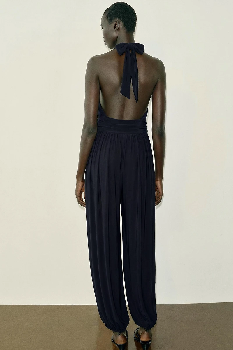 DRAPED HALTER BLOUSE JUMPSUIT