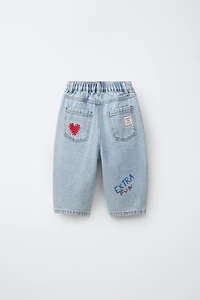 HEART EMBROIDERED BAGGY JEANS