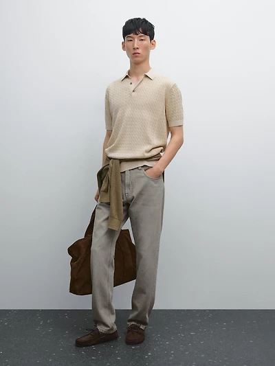 Pull polo en maille tressée 100 % coton