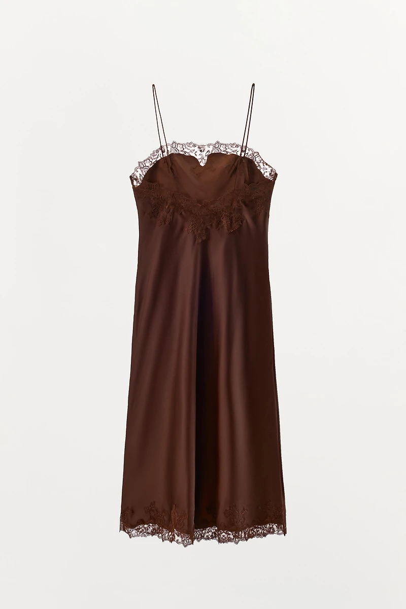 SATIN EFFECT LACE MIDI DRESS