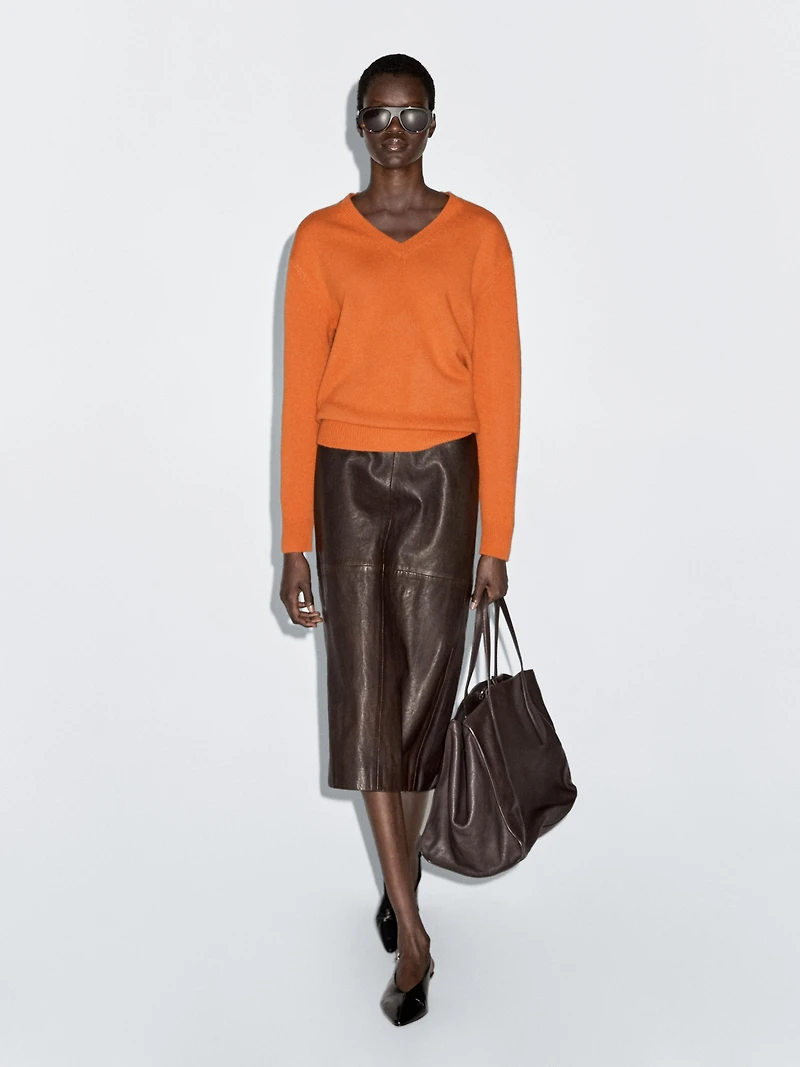 Straight nappa leather midi skirt with slit