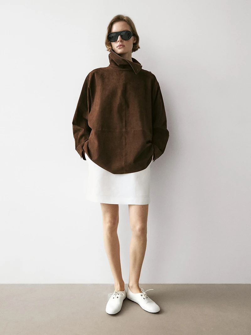 Chemisier col montant cuir daim