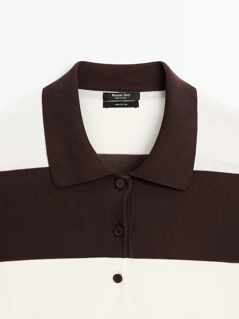 Striped knit sweater with polo collar