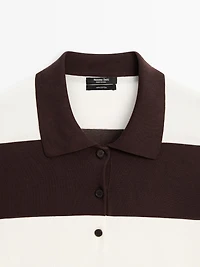 Striped knit sweater with polo collar