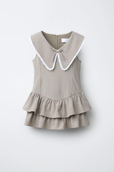 PLAID RUFFLED LACE TRIM DRESS