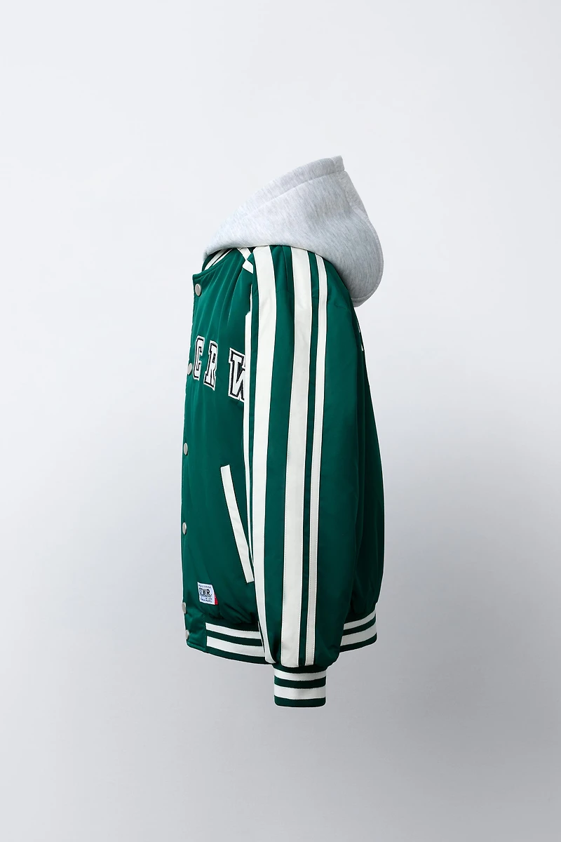 REMOVABLE HOOD VARSITY PUFFER BOMBER JACKET