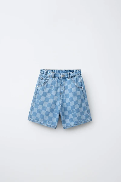CHECKERBOARD DENIM SHORTS