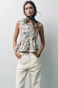 FLORAL TEXTURED KNIT PEPLUM TOP