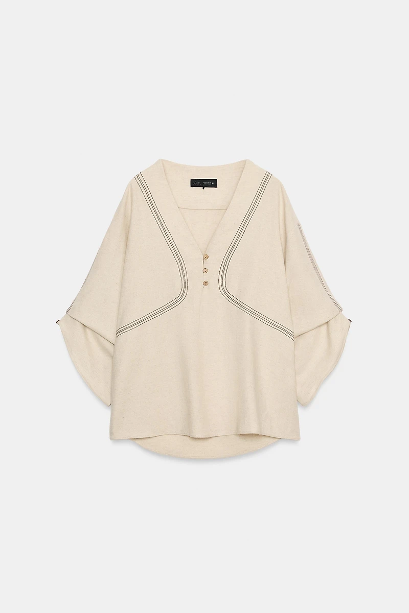 CHEMISE OVERSIZE EN LIN À SURPIQÛRES CONTRASTÉES