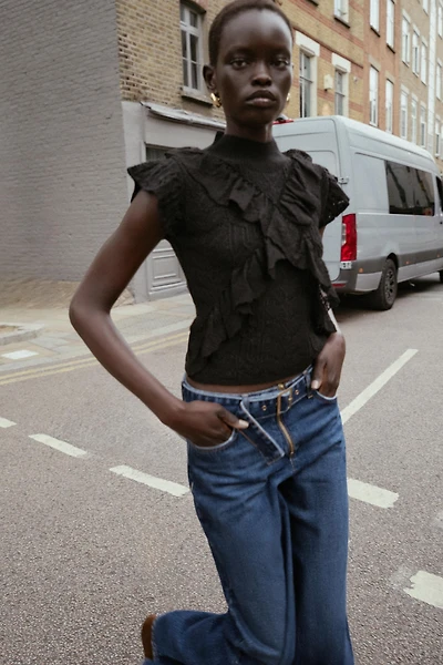 POINTELLE KNIT RUFFLED TOP