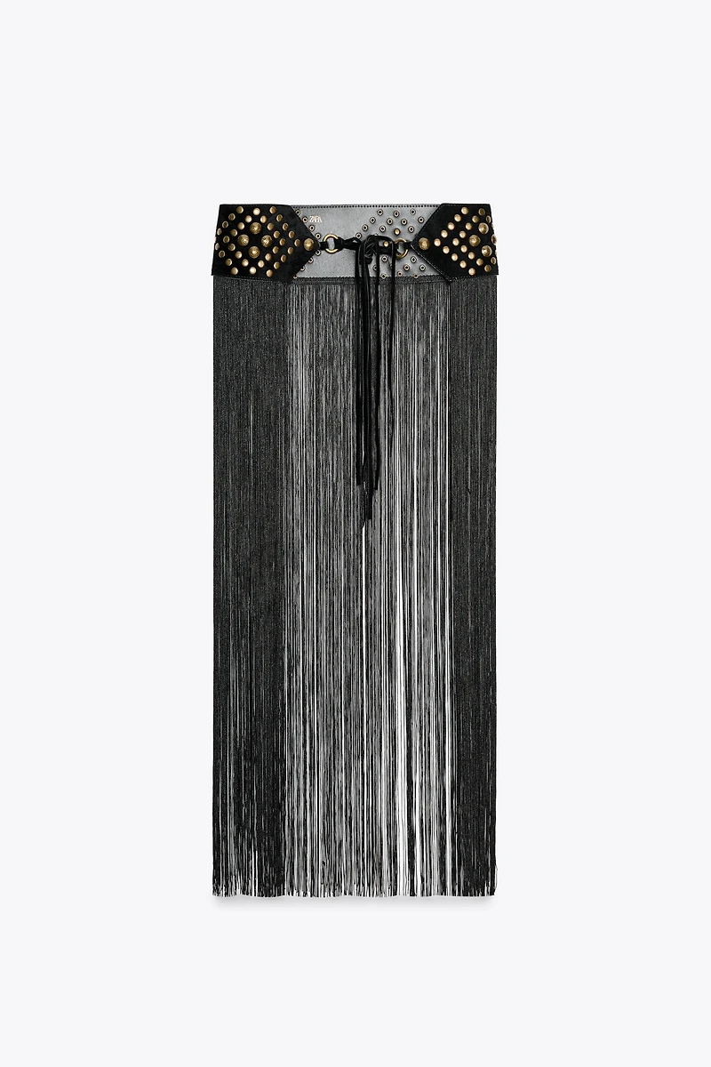 STUDDED FRINGED LEATHER CUMMERBUND BELT