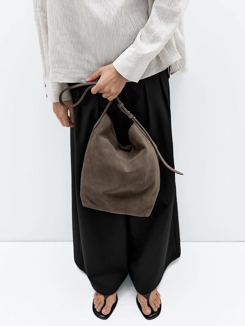 Split suede leather bucket bag