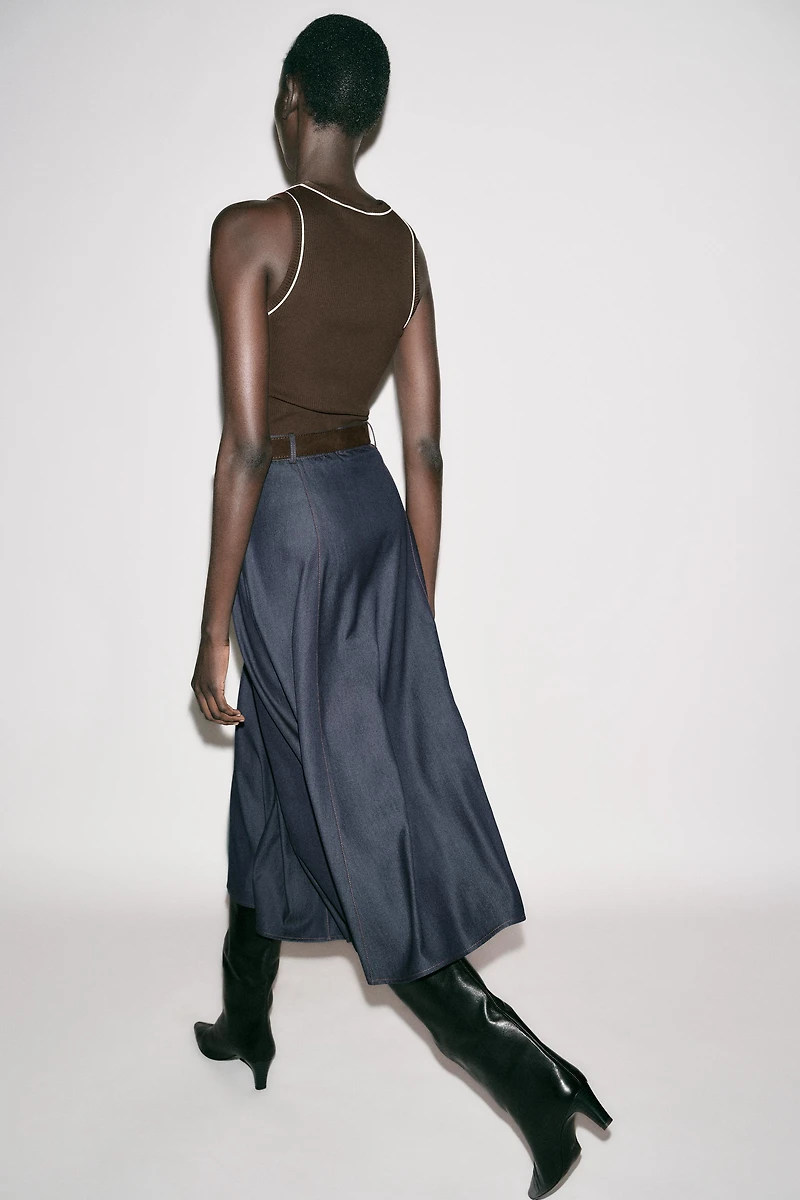 BELTED COMBINATION MIDI DRESS